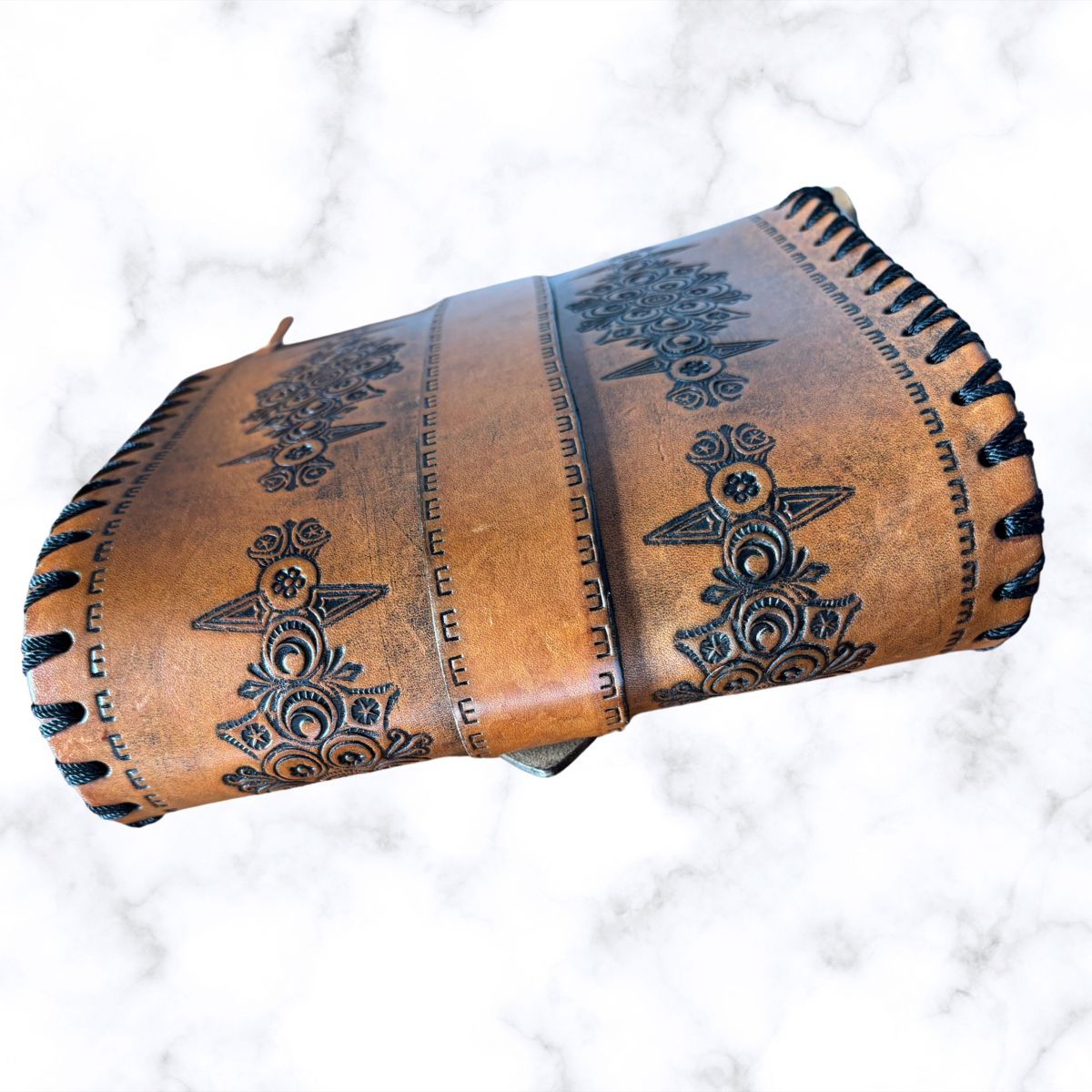 70s Boho Brown Tooled Leather Vintage Shoulder Bag with Buckle Fastening