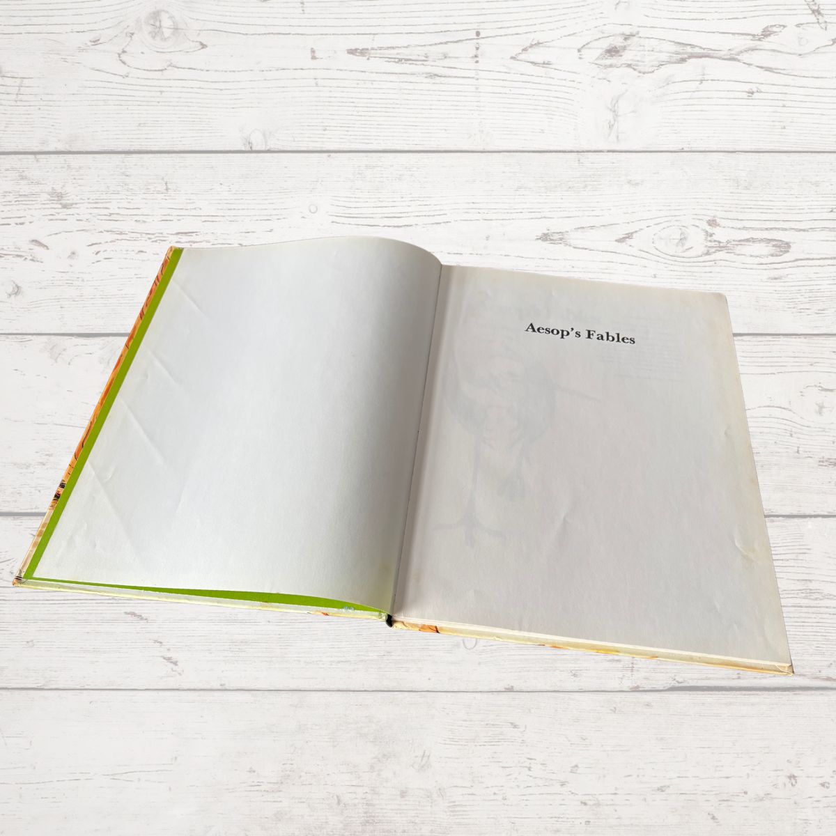 Open book titled 'Aesop's Fables' on a light wooden surface