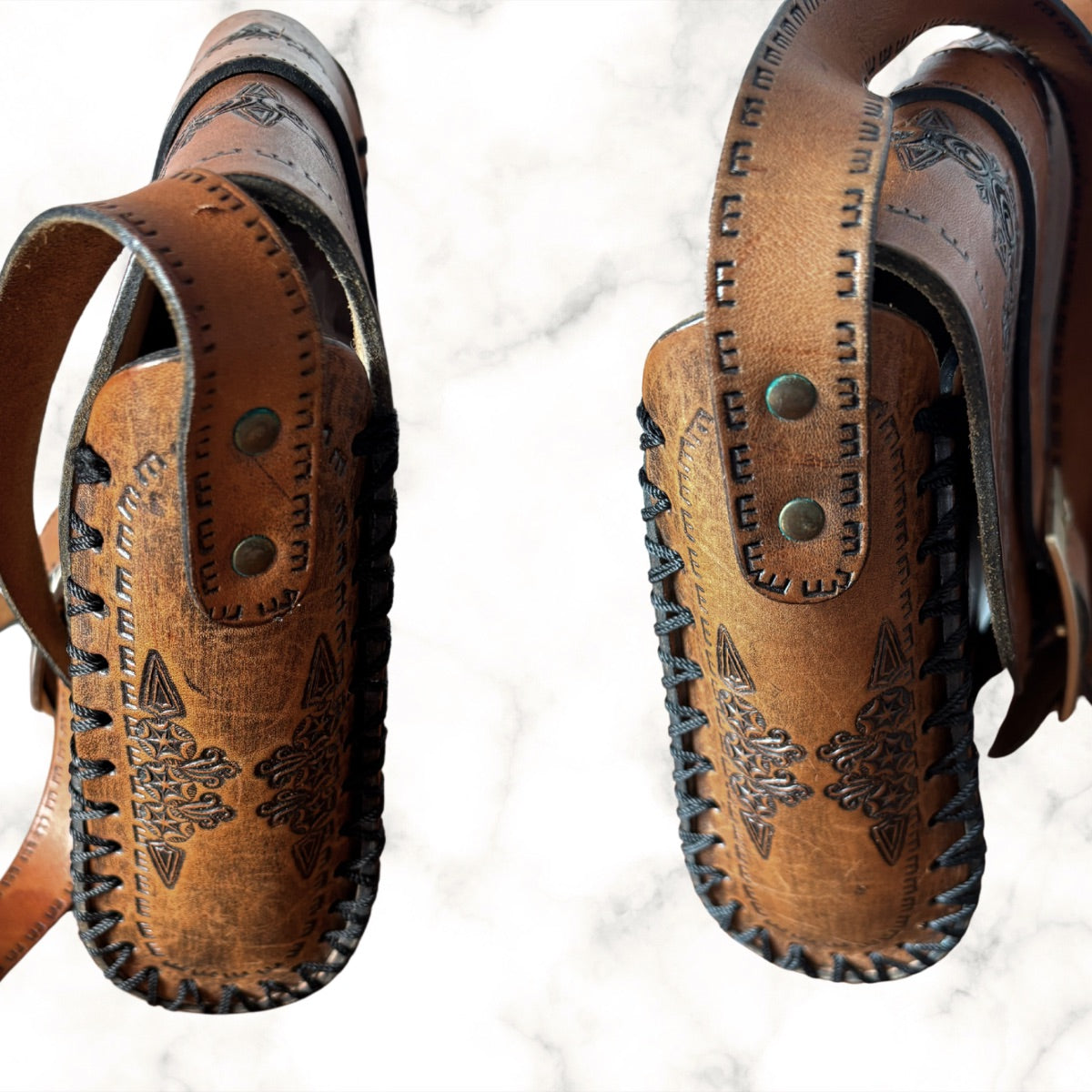 70s Boho Brown Tooled Leather Vintage Shoulder Bag with Buckle Fastening