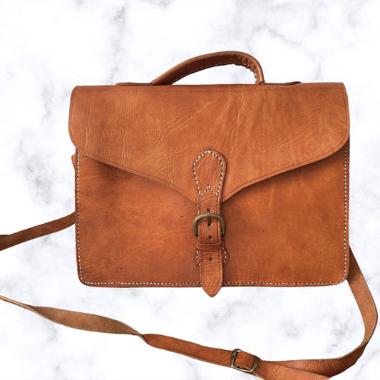 Classic Vintage Large Tan Leather Unisex Satchel with Buckle Front