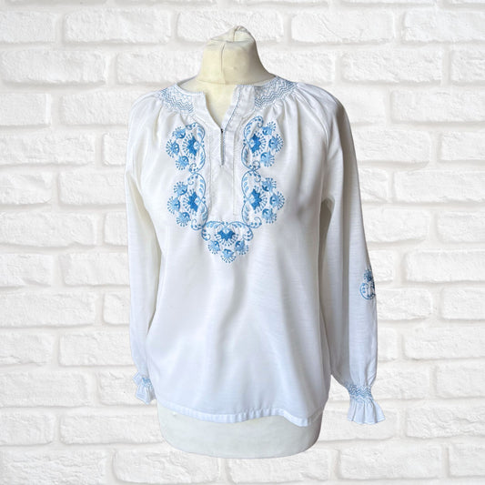 White Vintage Peasant Style Blouse with Blue Floral Embroidery. Approx UK size 8-10