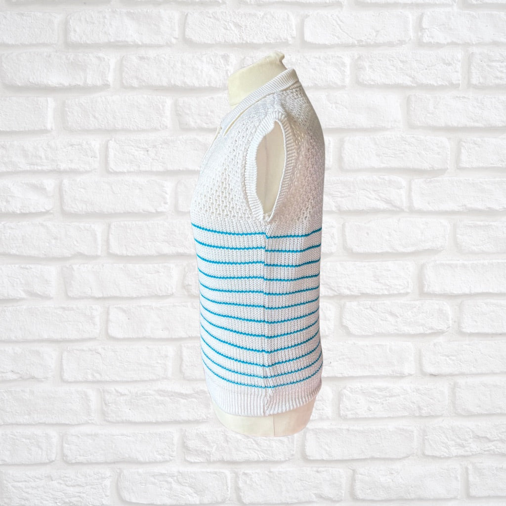 80s Vintage White and Blue Striped Summer Top. Approx UK size 8-10
