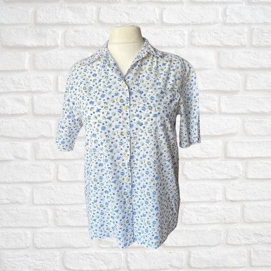 Vintage White and Blue Floral Cotton Blend Shirt . Approx UK size 14-16