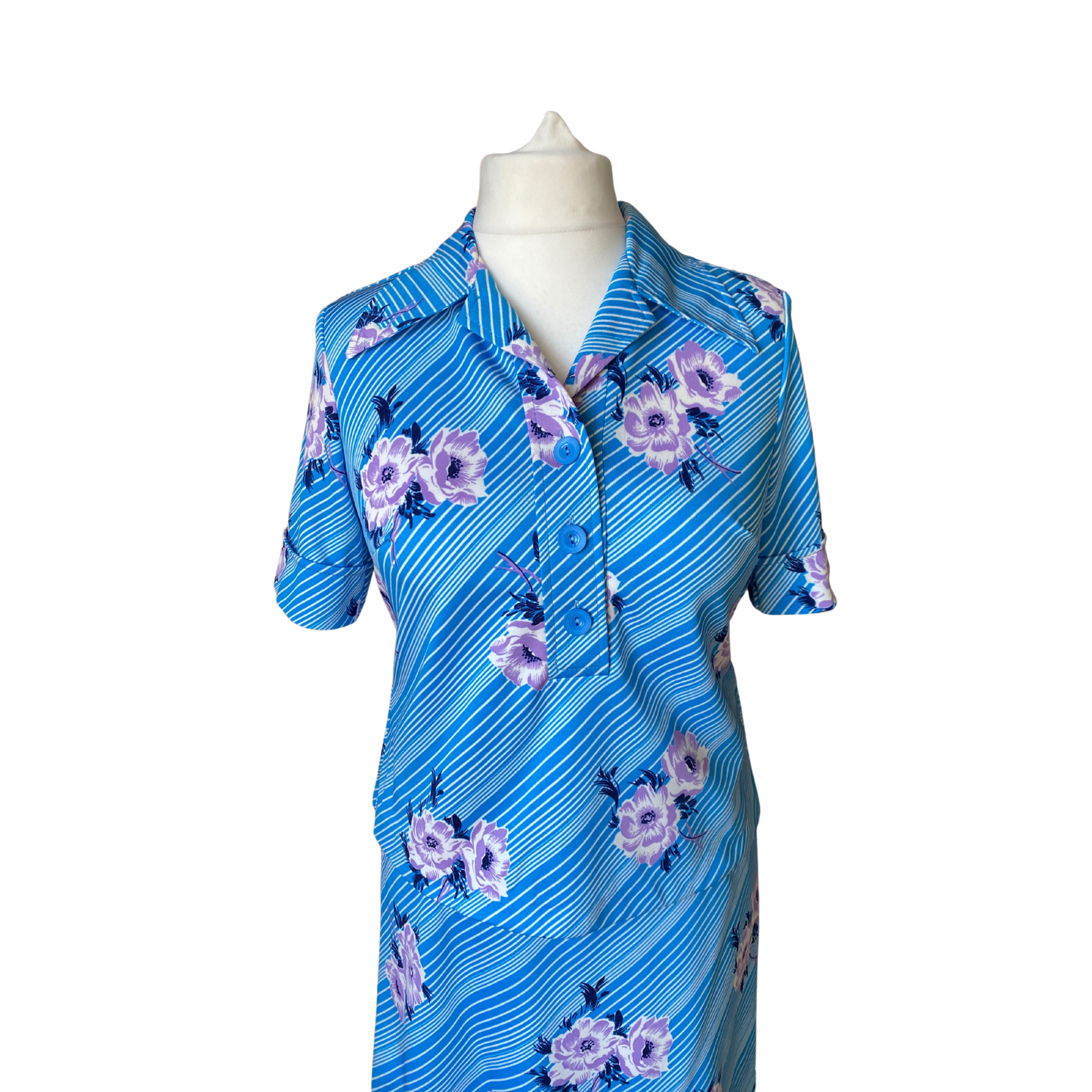 70s Hawaiian style blue and white short sleeved skirt suit /  co ord. Approx  UK size 14 -16