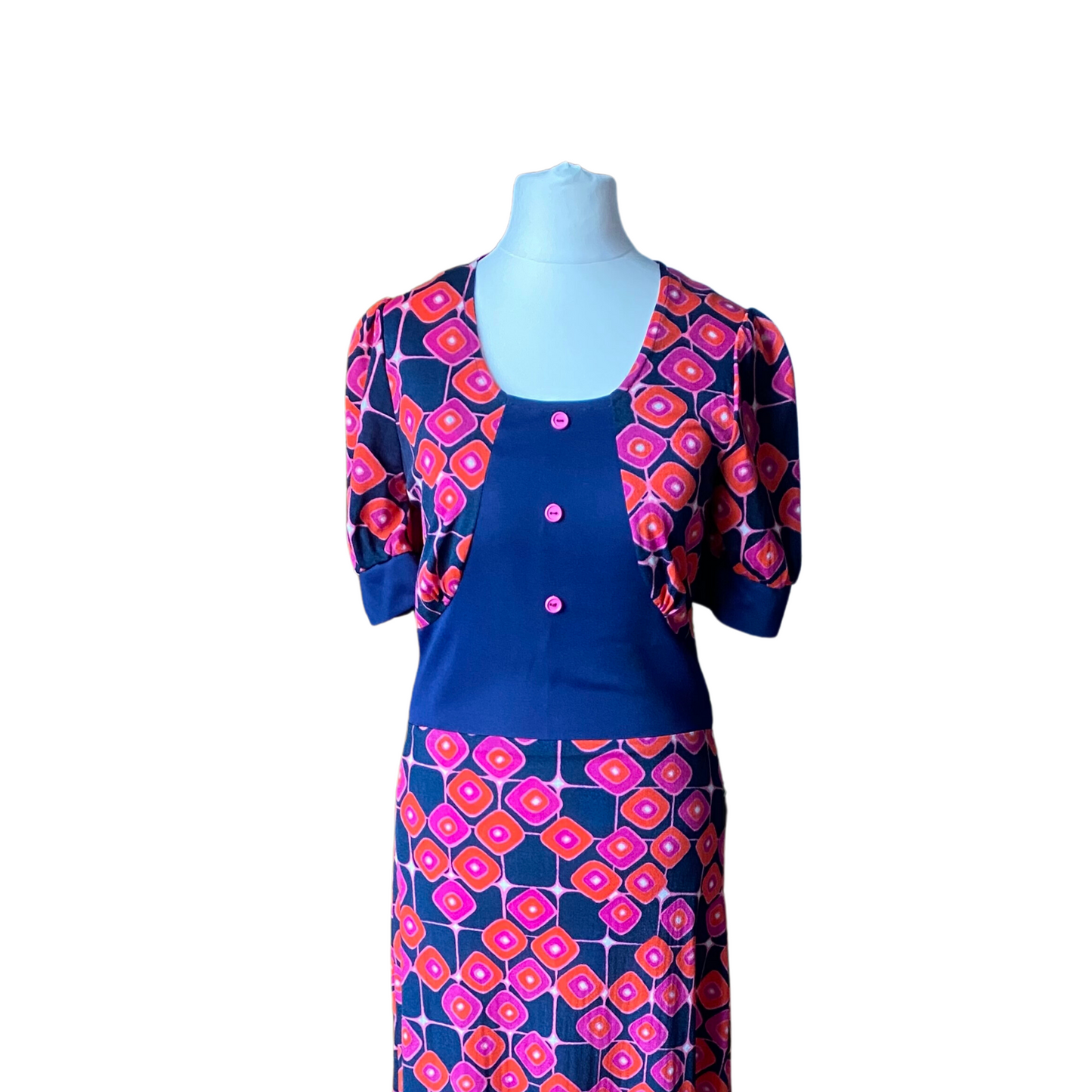70s blue, pink, orange and purple geometric maxi dress.Approx U.K.size 6-8