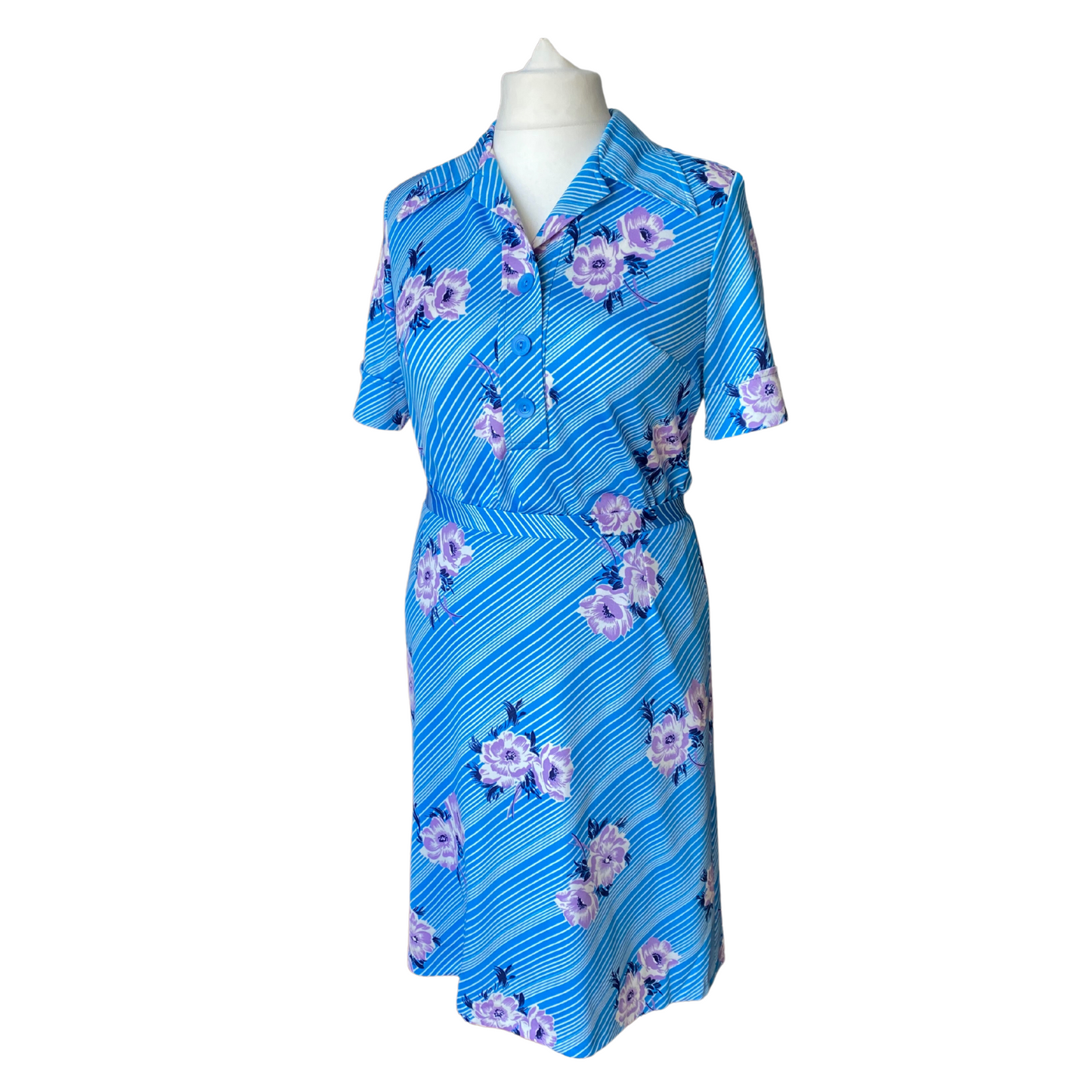 70s Hawaiian style blue and white short sleeved skirt suit /  co ord. Approx  UK size 14 -16