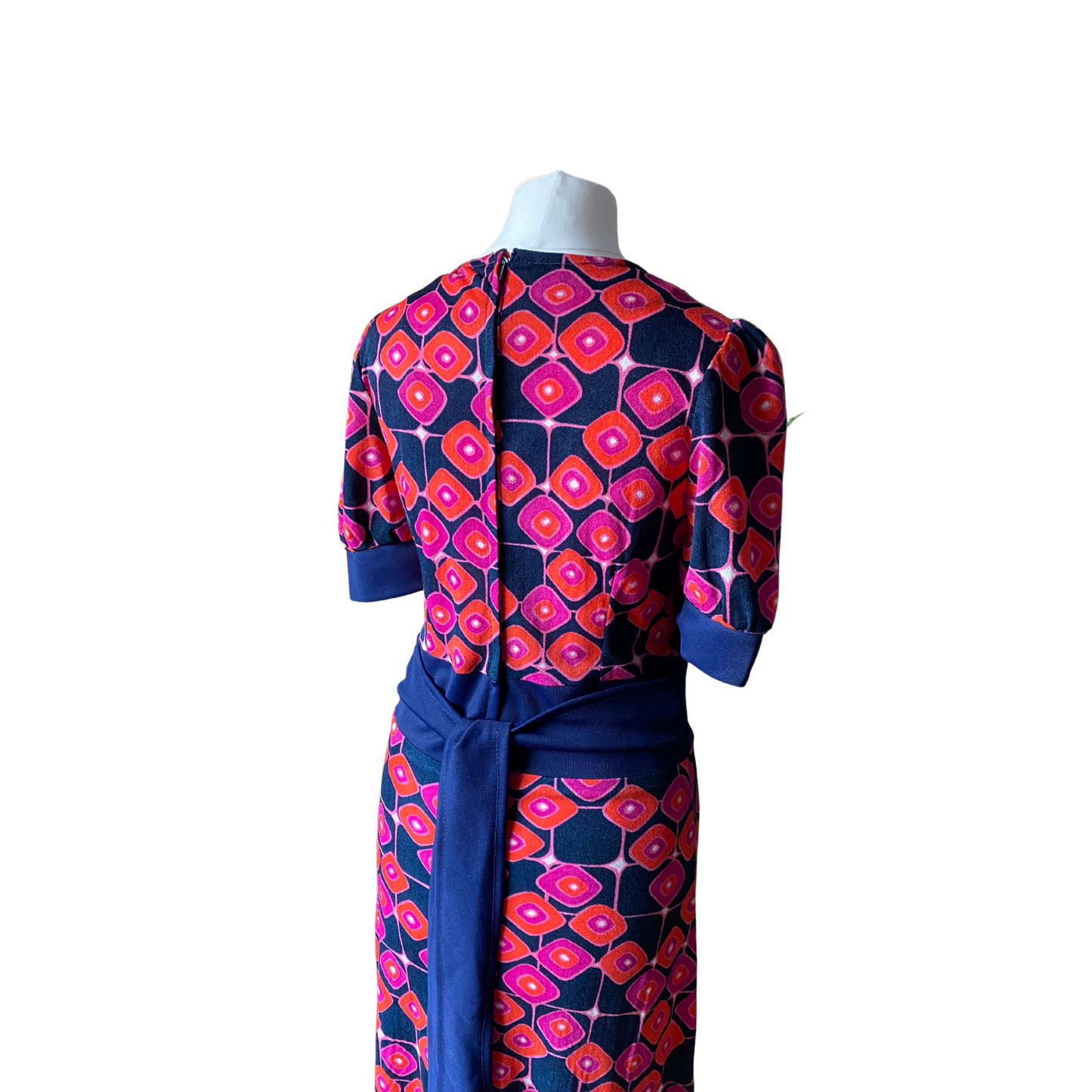 70s blue, pink, orange and purple geometric maxi dress.Approx U.K.size 6-8