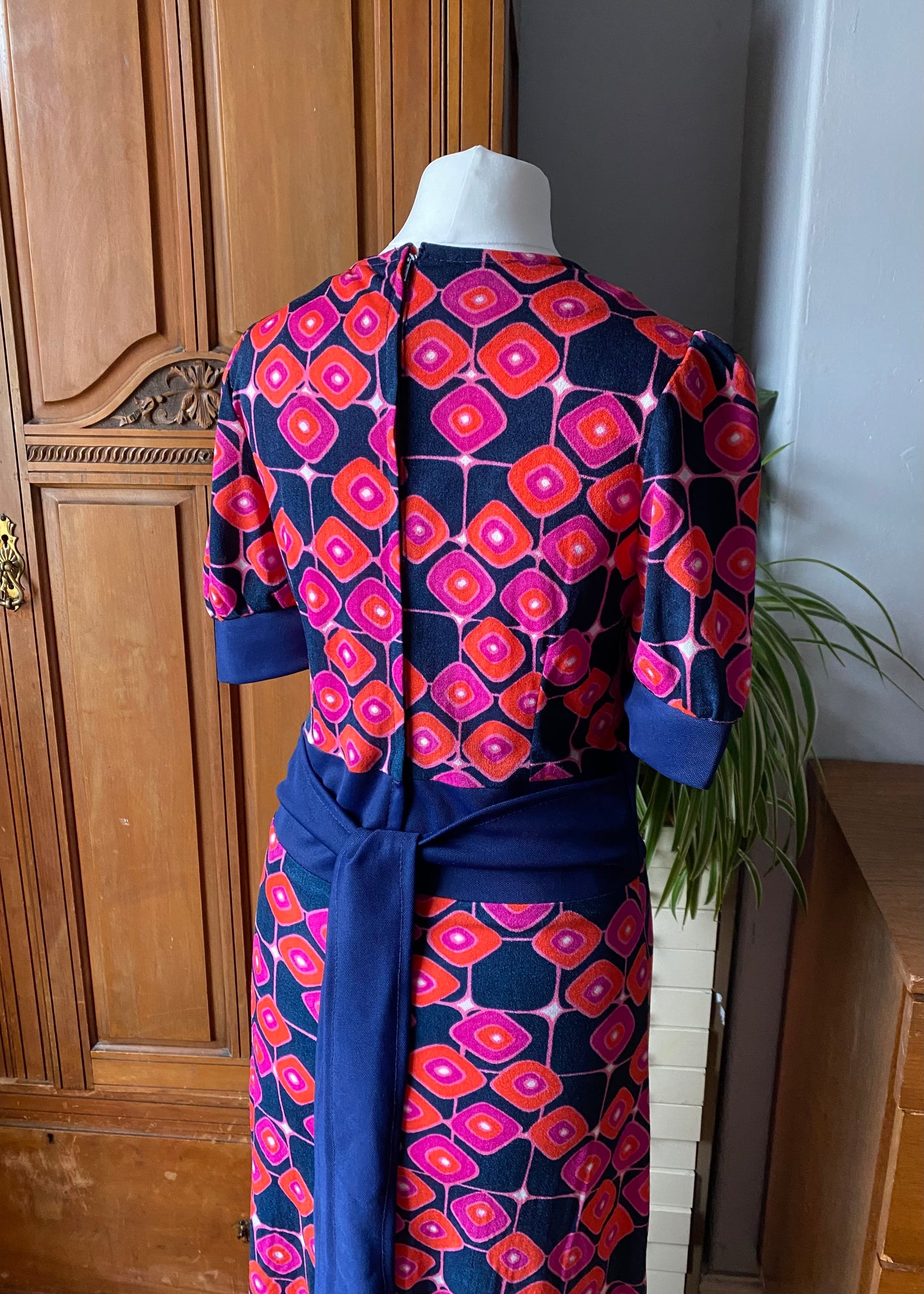 70s blue, pink, orange and purple geometric maxi dress.Approx U.K.size 6-8