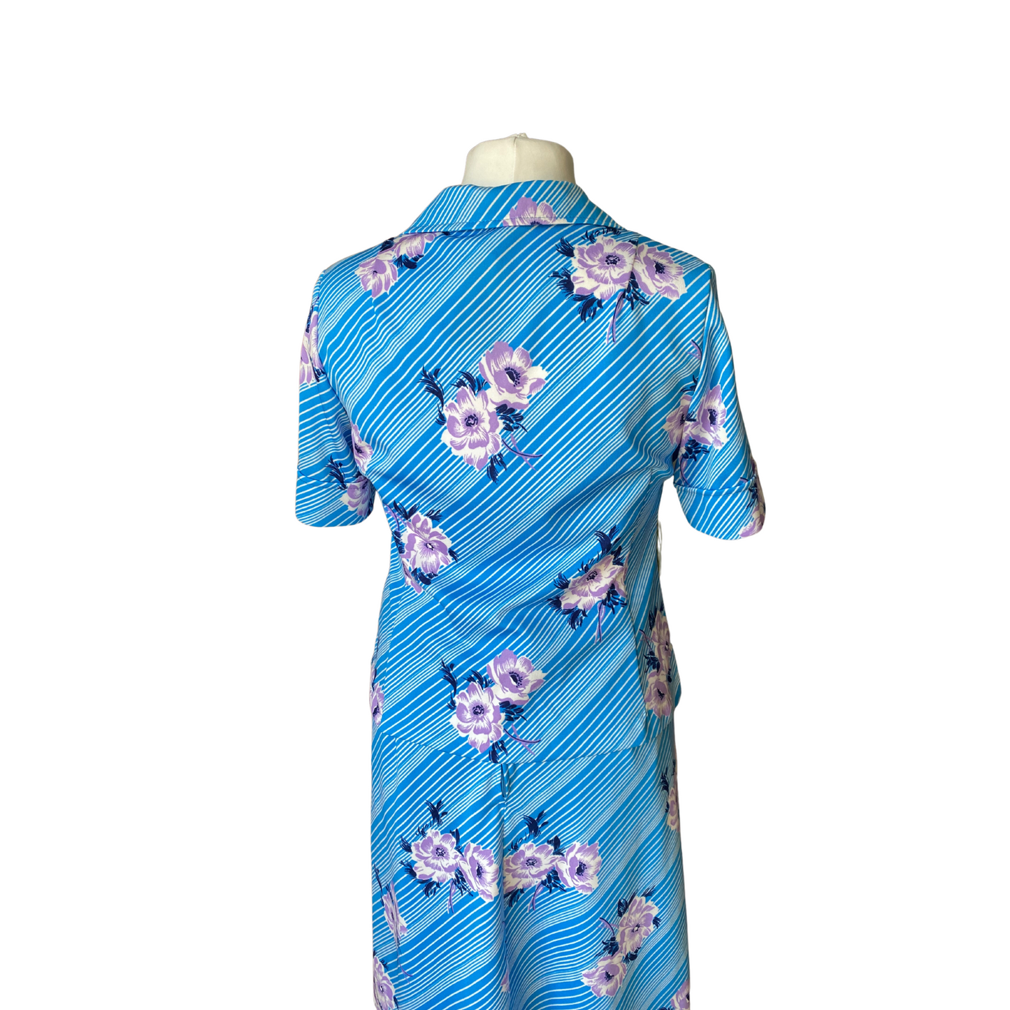 70s Hawaiian style blue and white short sleeved skirt suit /  co ord. Approx  UK size 14 -16