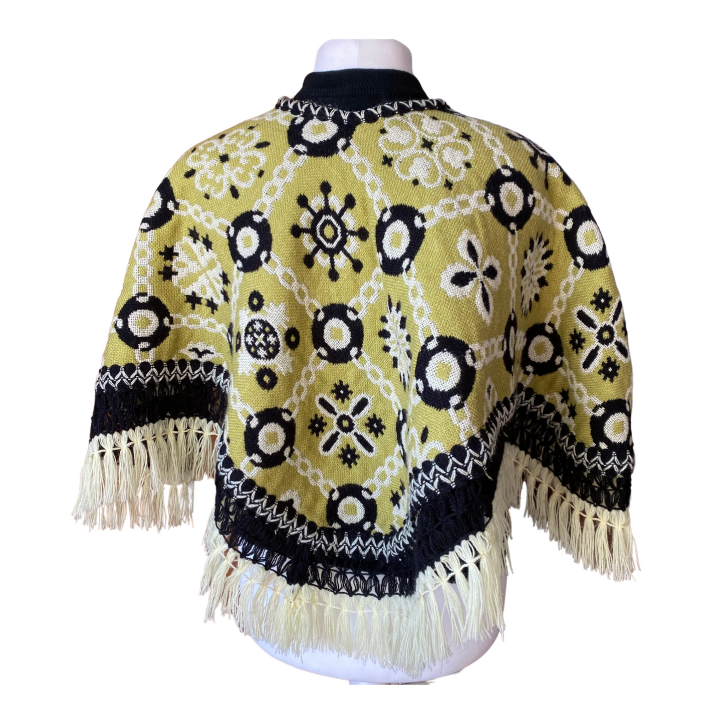 70s green and black reversible fringed poncho/cape. Approx U.K. size 10 -16