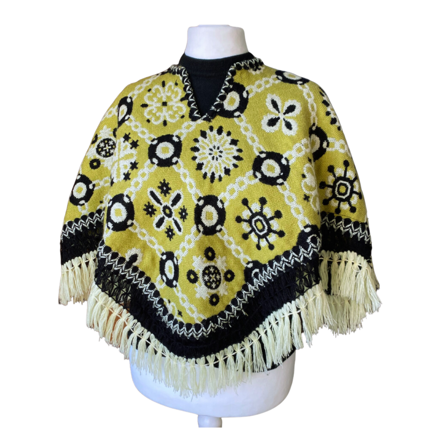 70s green and black reversible fringed poncho/cape. Approx U.K. size 10 -16