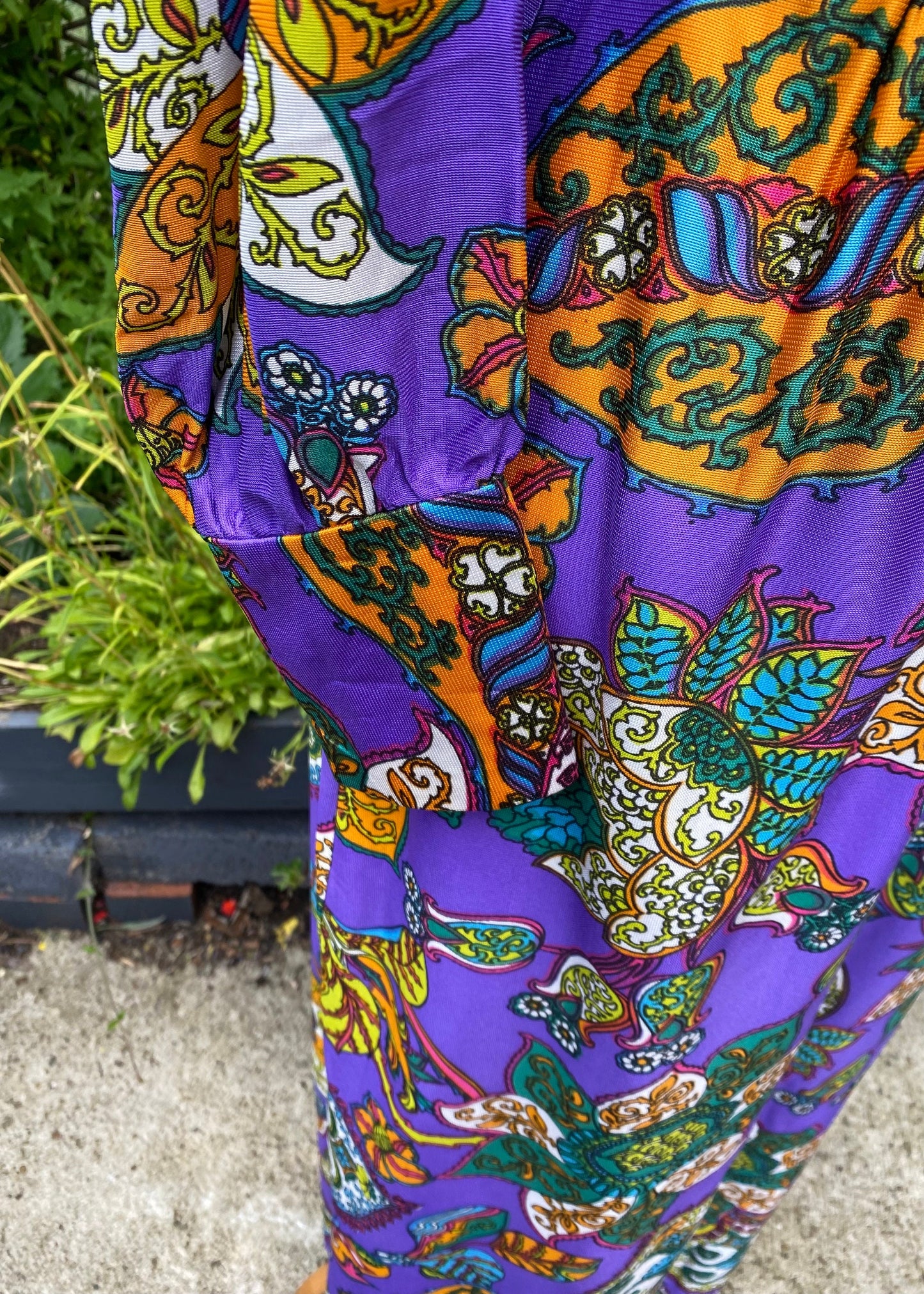60s /70s purple paisley, long sleeved maxi dress . Approx UK size 10-12