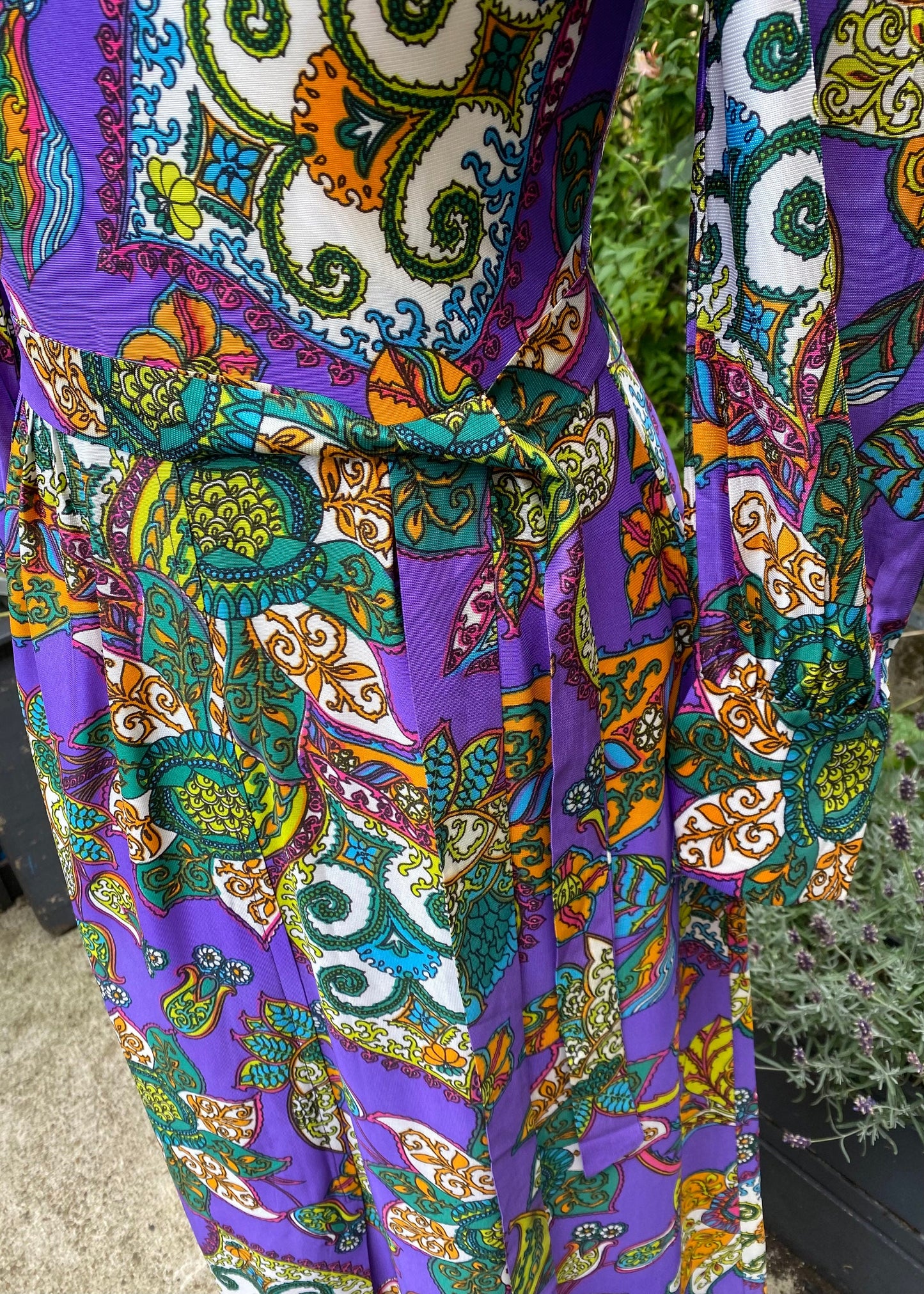 60s /70s purple paisley, long sleeved maxi dress . Approx UK size 10-12