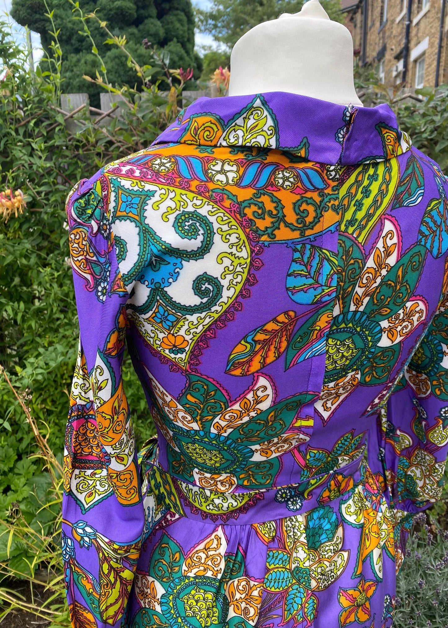 60s /70s purple paisley, long sleeved maxi dress . Approx UK size 10-12