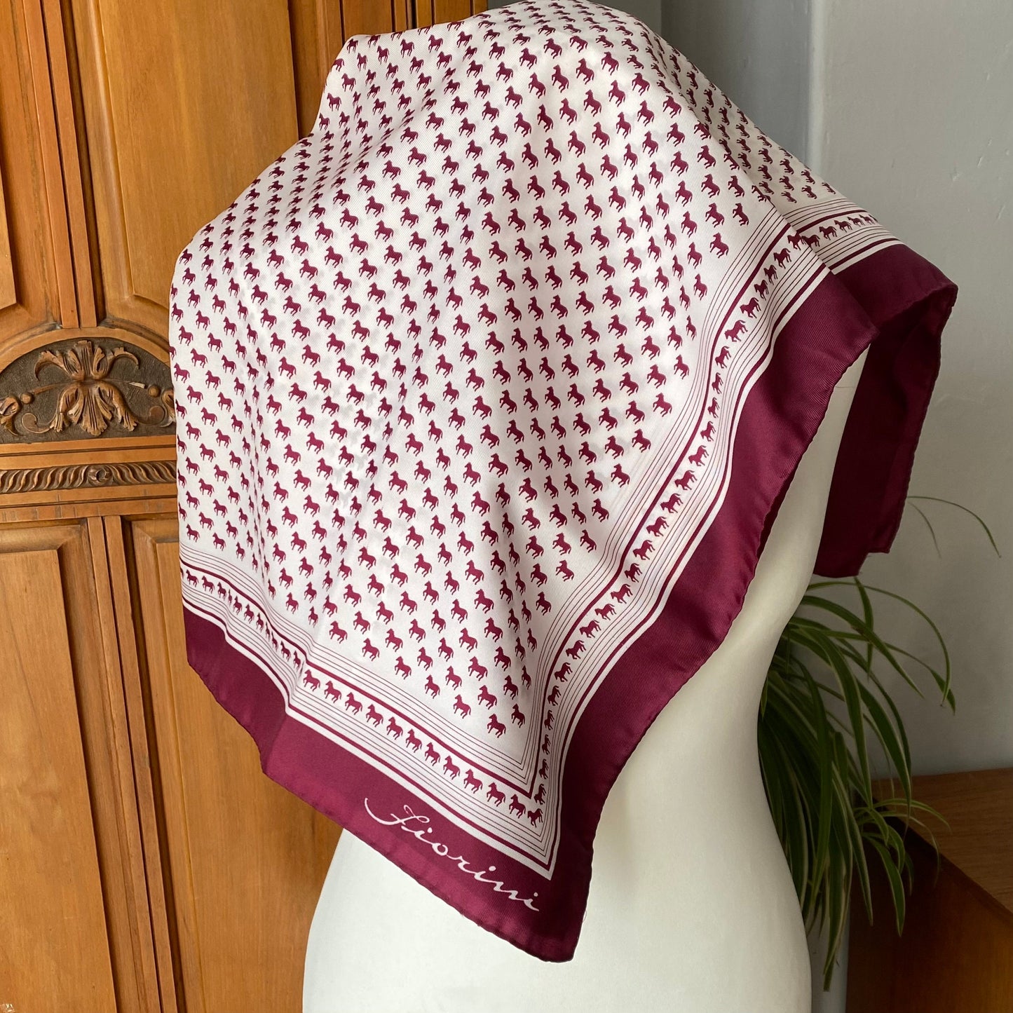Large square vintage scarf. White and purple horse print , Fiorini scarf. Great gift idea
