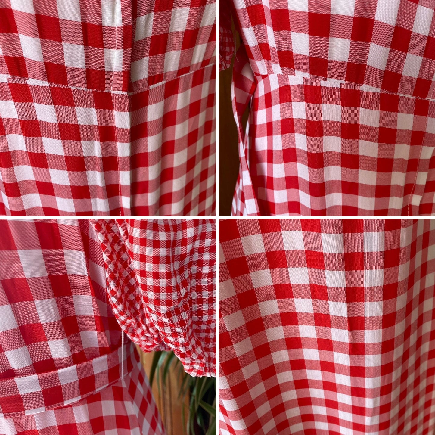 70s red and white gingham, puffed sleeved maxi dress. Approx U.K. size 8