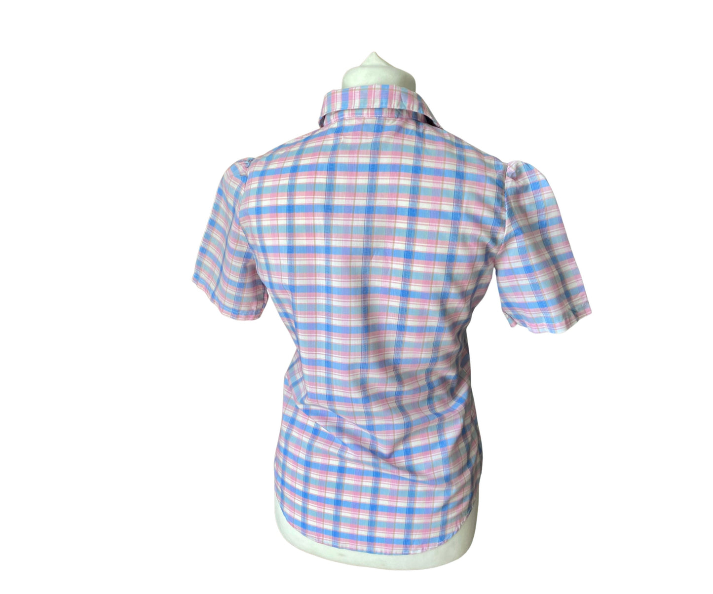 80s pink, white and blue checked blouse with Peter Pan collar. Approx U.K. size 12-14