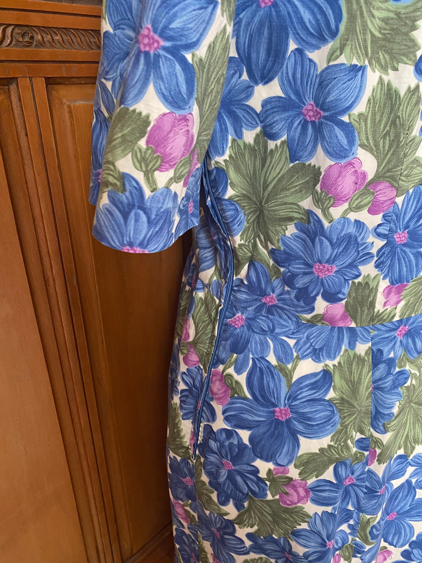 Vintage cotton 50s style blue and purple floral dress. . Approx UK 14-16