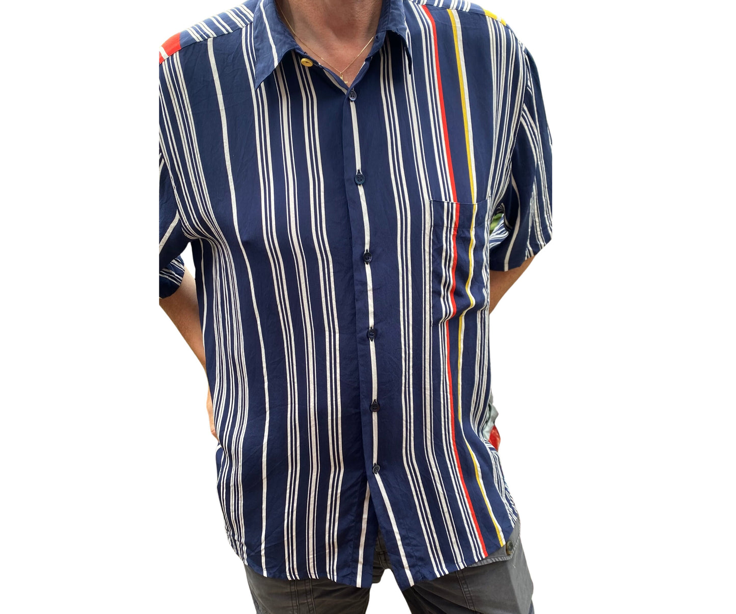 80s dark blue silk striped abstract patterned shirt. Approx UK size 16-22 (w) L-XL (m)