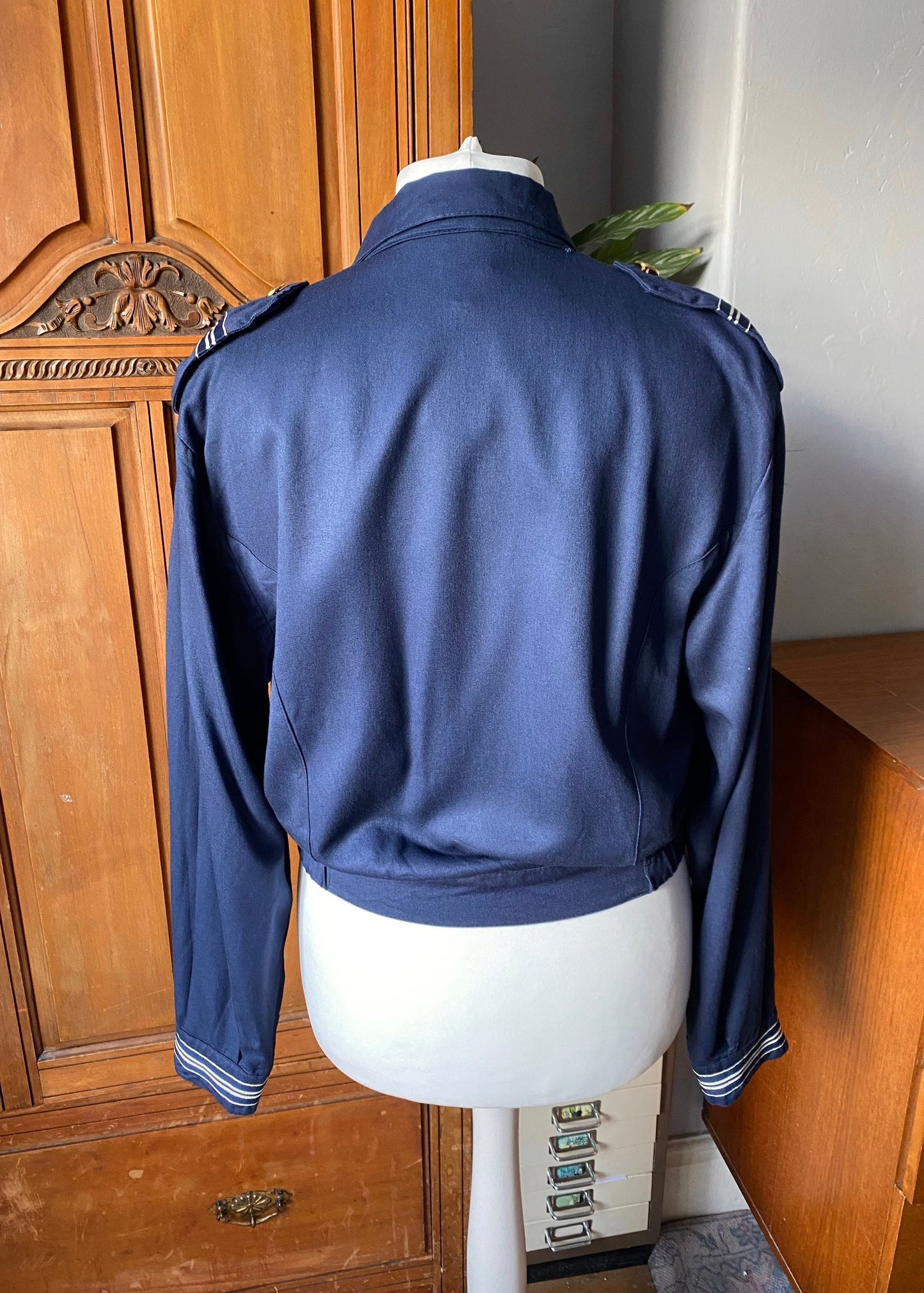 80s blue sailor style jacket with military style detailing. Approx UK size 16-18