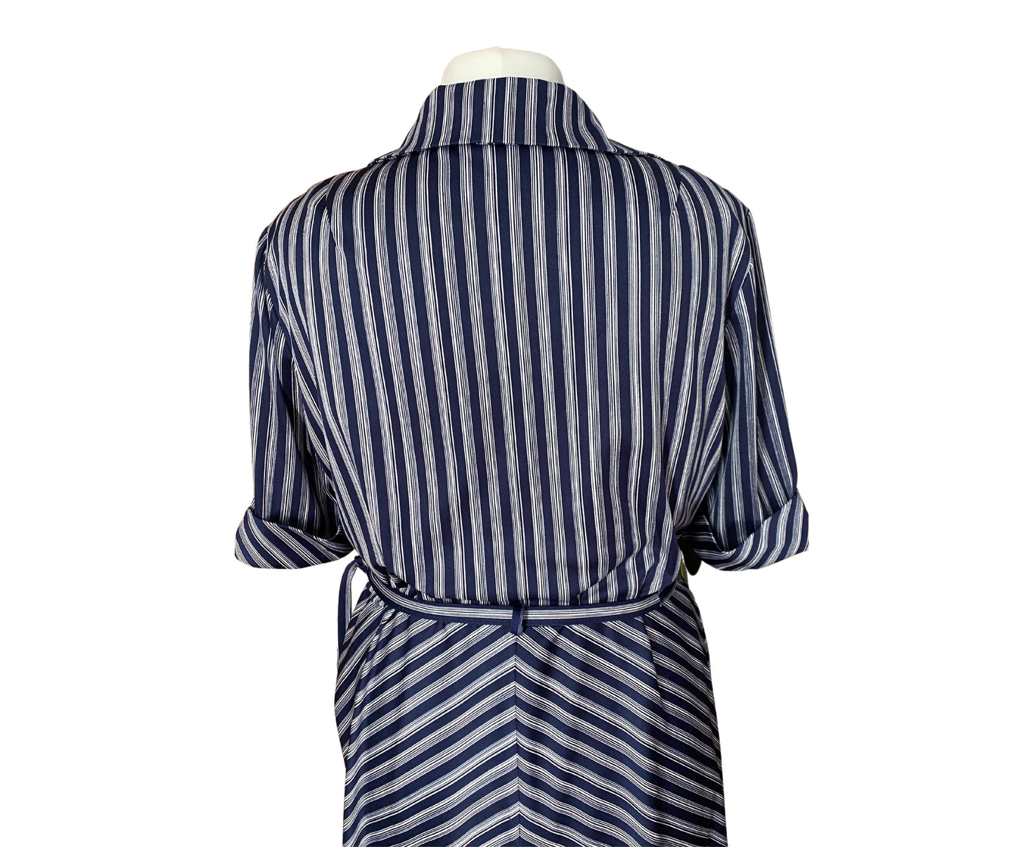 70s blue and white striped midi dress. Approx U.K size 18-20