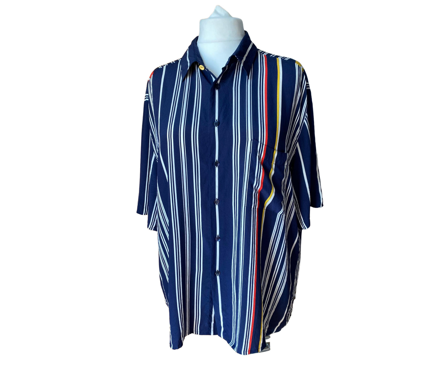 Navy blue , white, yellow and red striped 80s silk shirt