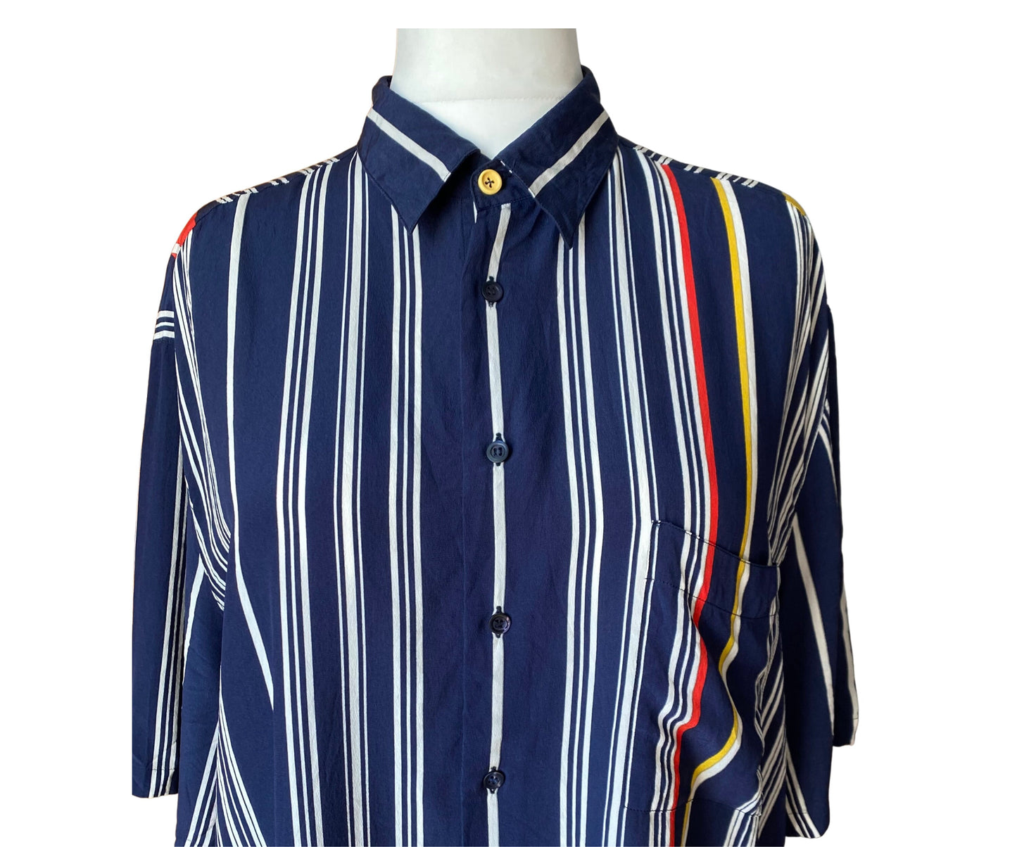 80s dark blue silk striped abstract patterned shirt. Approx UK size 16-22 (w) L-XL (m)