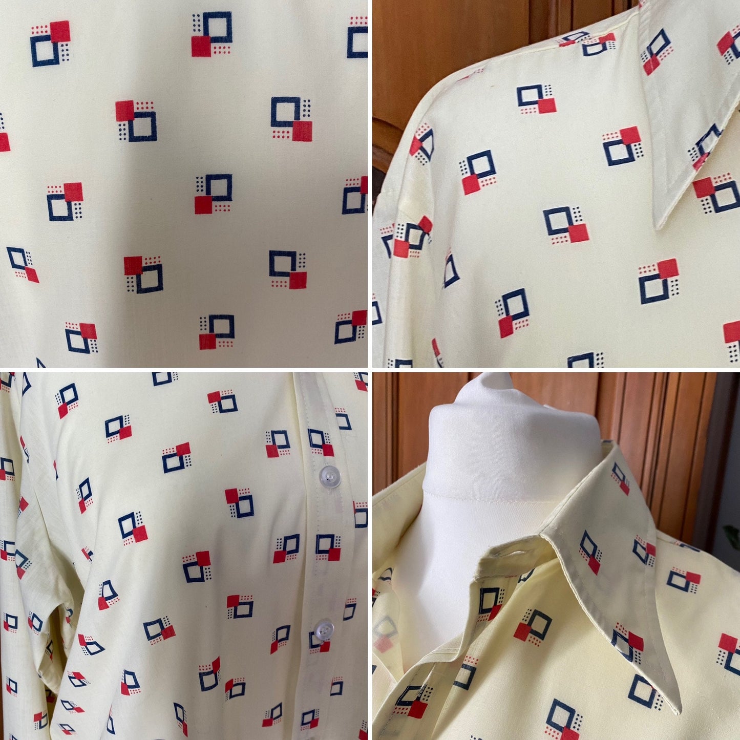 70s cream, red and blue geometric print shirt. Approx UK size 16-22 (w) L-XL (m)