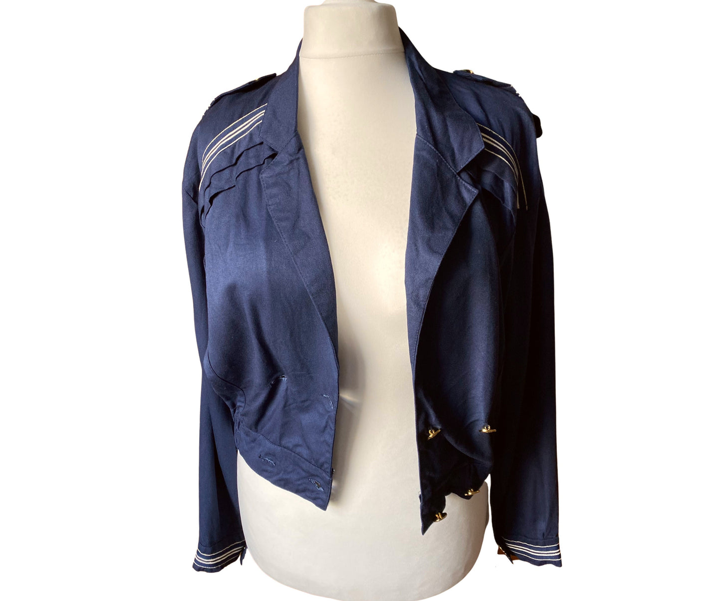 80s blue sailor style jacket with military style detailing. Approx UK size 16-18