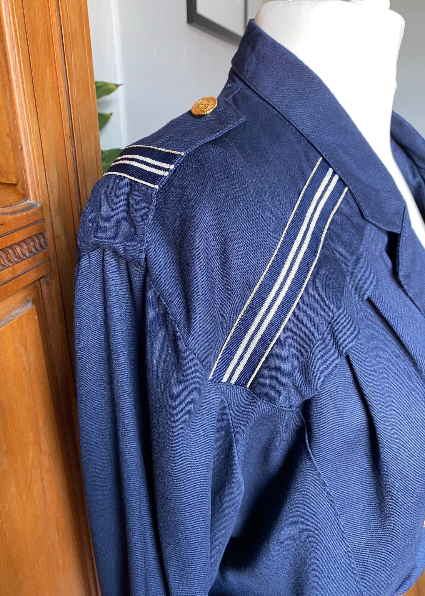 80s blue sailor style jacket with military style detailing. Approx UK size 16-18