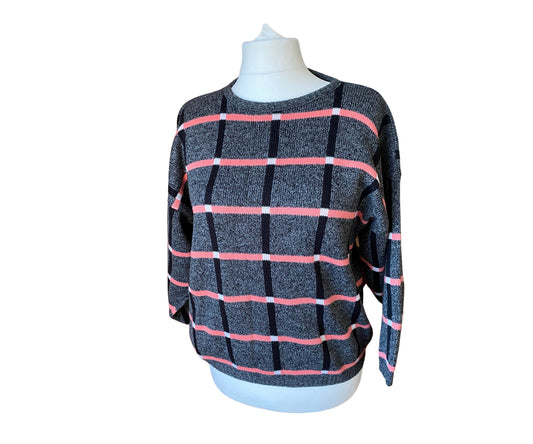 Dark grey jumper with criss cross linear pink and black abstract print 80s jumper