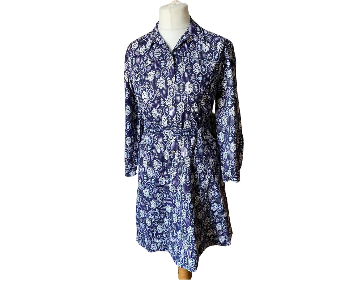 70s cotton shirt dress with long sleeves in a blue, white, purple and grey print ,