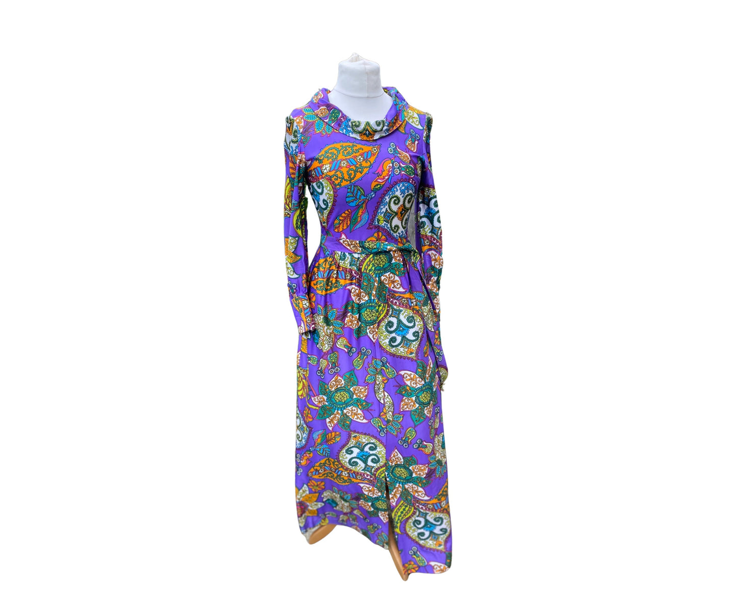 Purple paisley 70s maxi dress with cowl neck and long sleeves