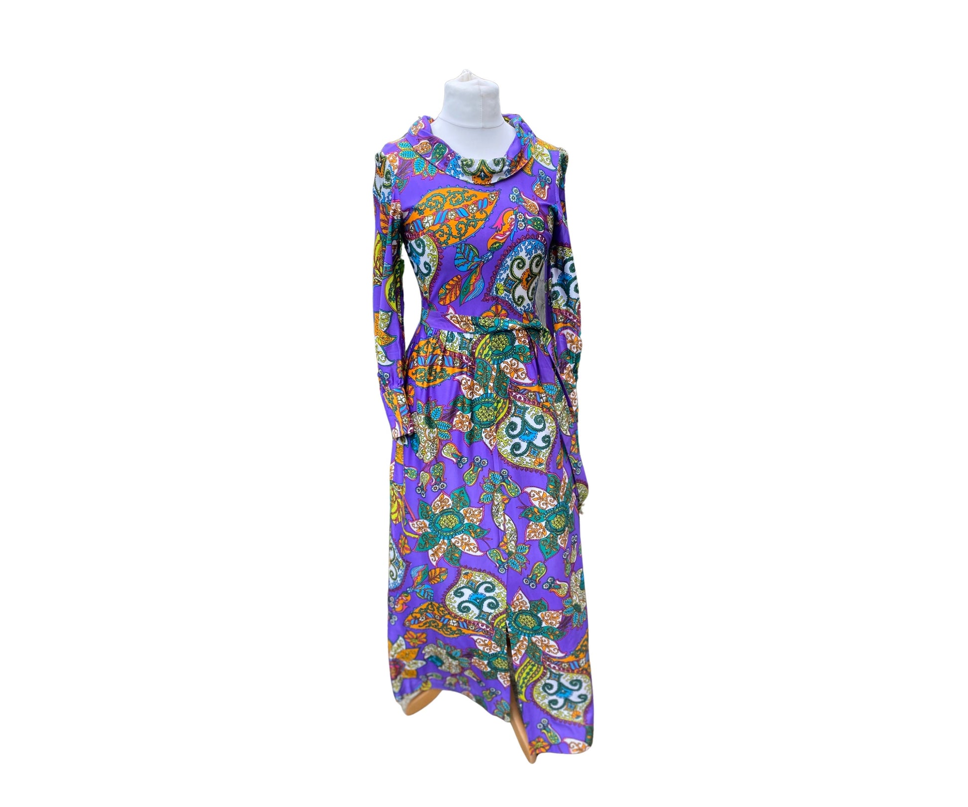 Purple paisley 70s maxi dress with cowl neck and long sleeves
