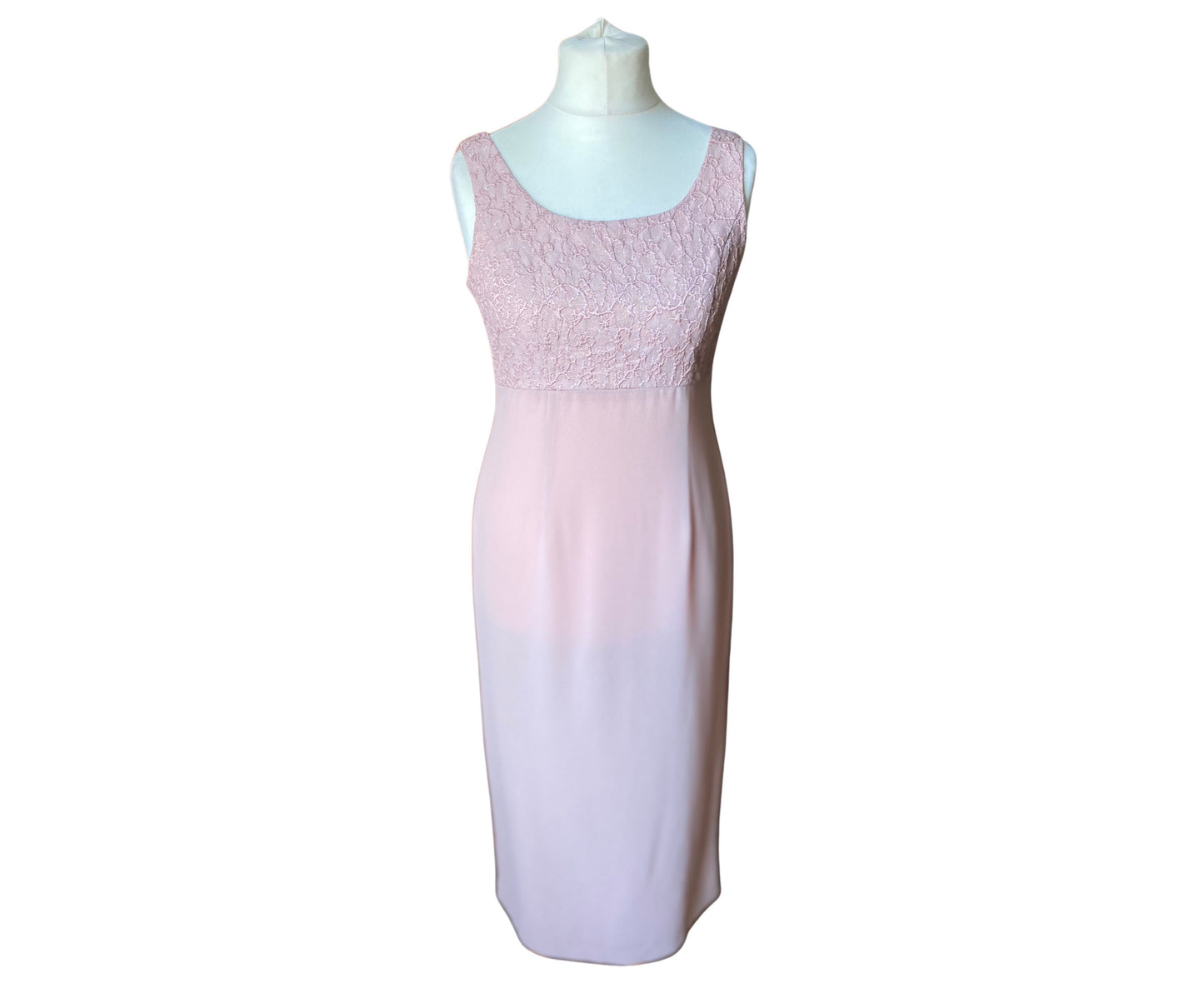 Pink sleeveless 90s pencil dress with textured bodice
