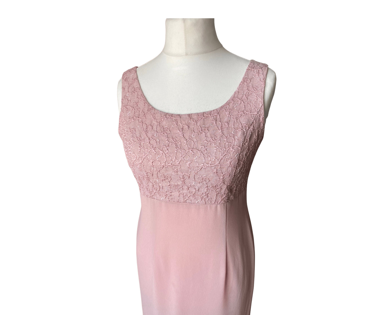 90s pink maxi sleeveless shift dress with brocade bodice. . Approx U.K. size 10-12