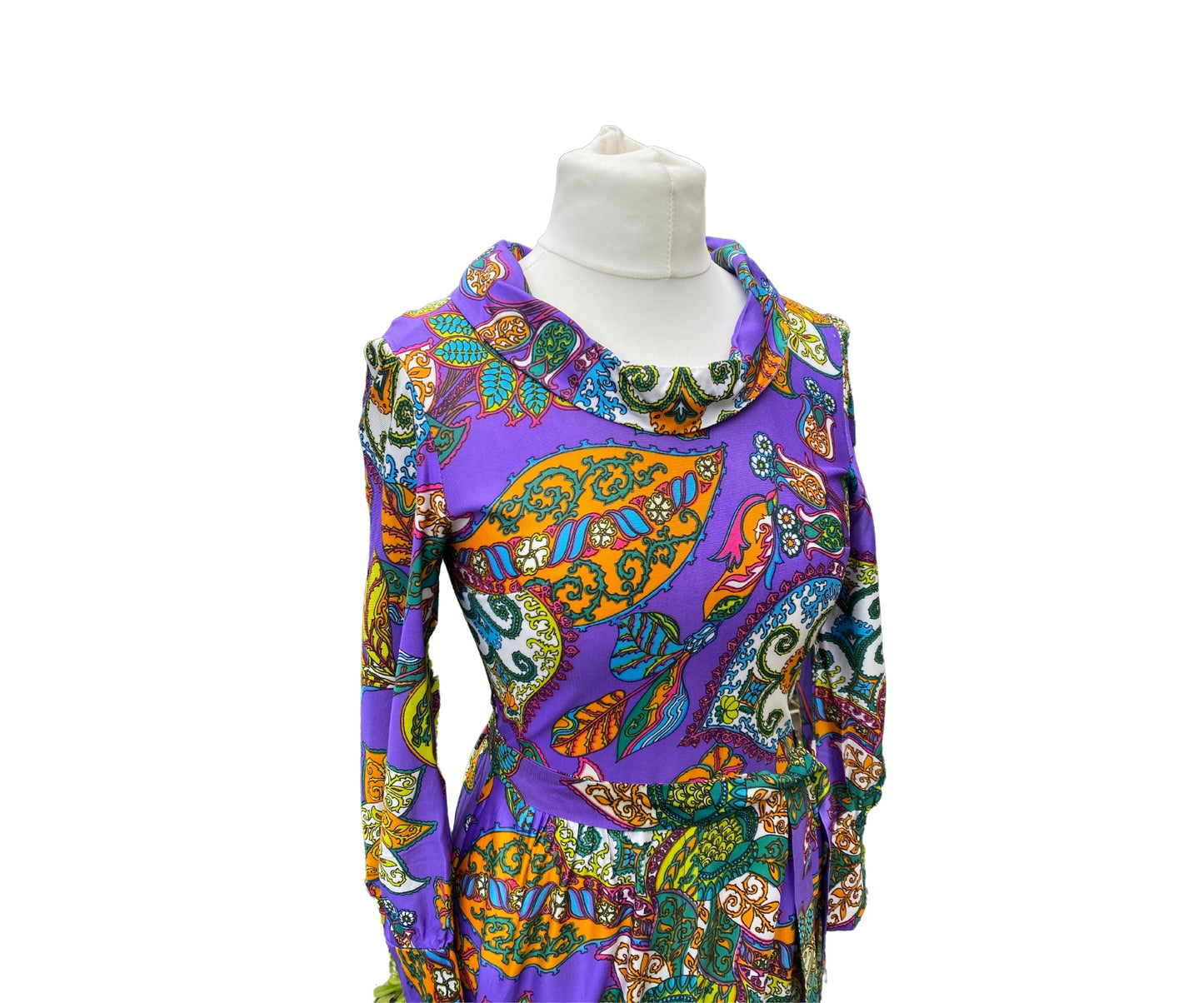 60s /70s purple paisley, long sleeved maxi dress . Approx UK size 10-12