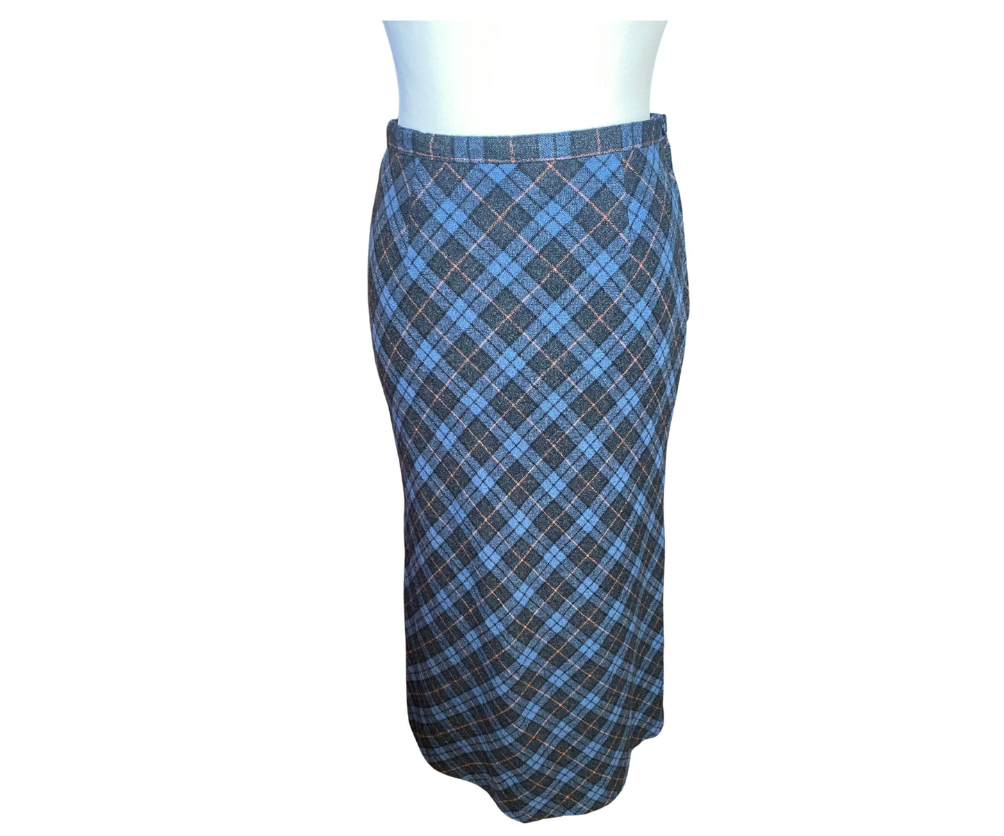 90s blue tartan/ plaid wool blend fully lined maxi skirt. Approx  U.K. size 12-14