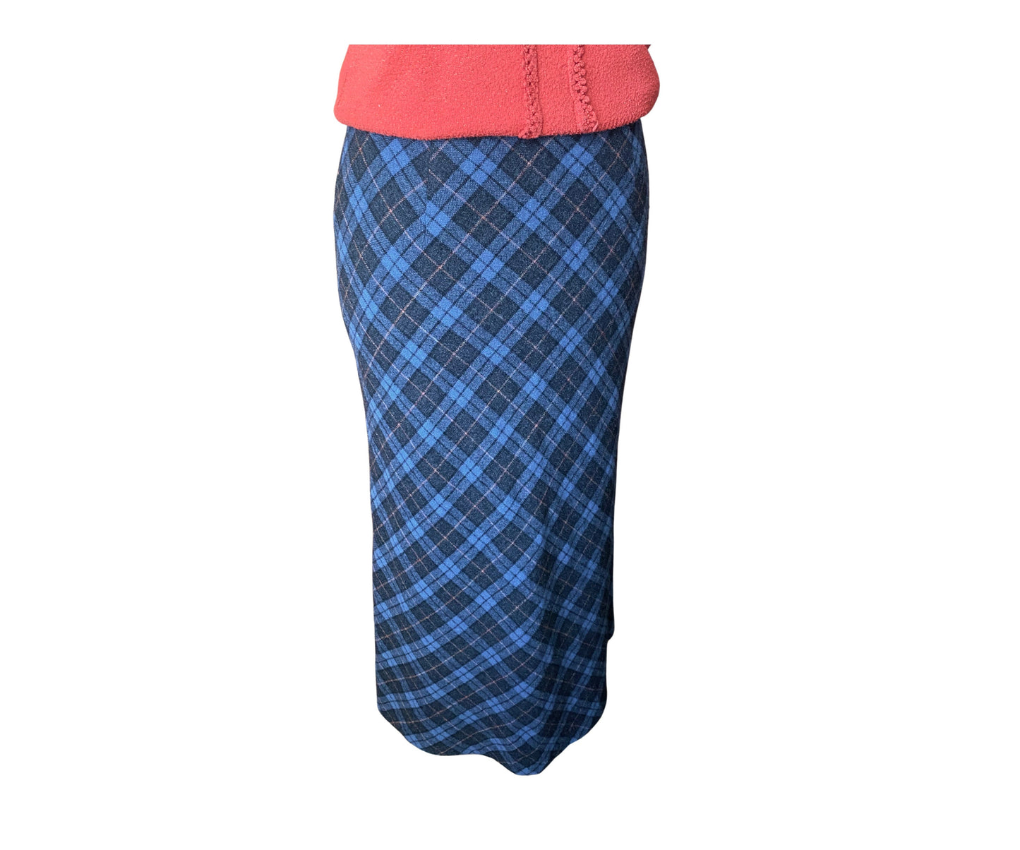 90s blue tartan/ plaid wool blend fully lined maxi skirt. Approx  U.K. size 12-14