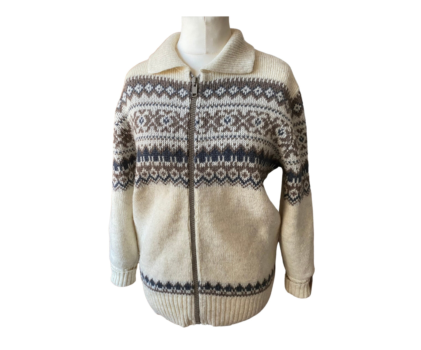 70s style cream and brown zip up collared cardigan. Approx UK size m to L(m) 16-18 (f)