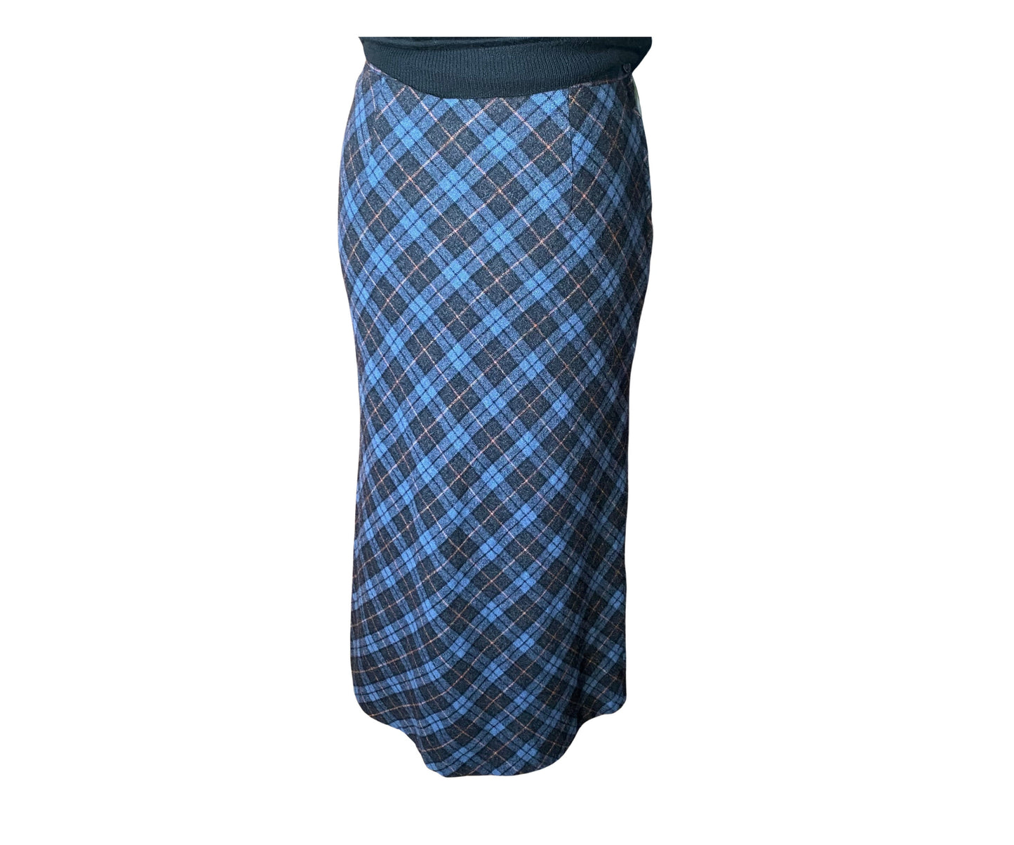 90s blue tartan/ plaid wool blend fully lined maxi skirt. Approx  U.K. size 12-14