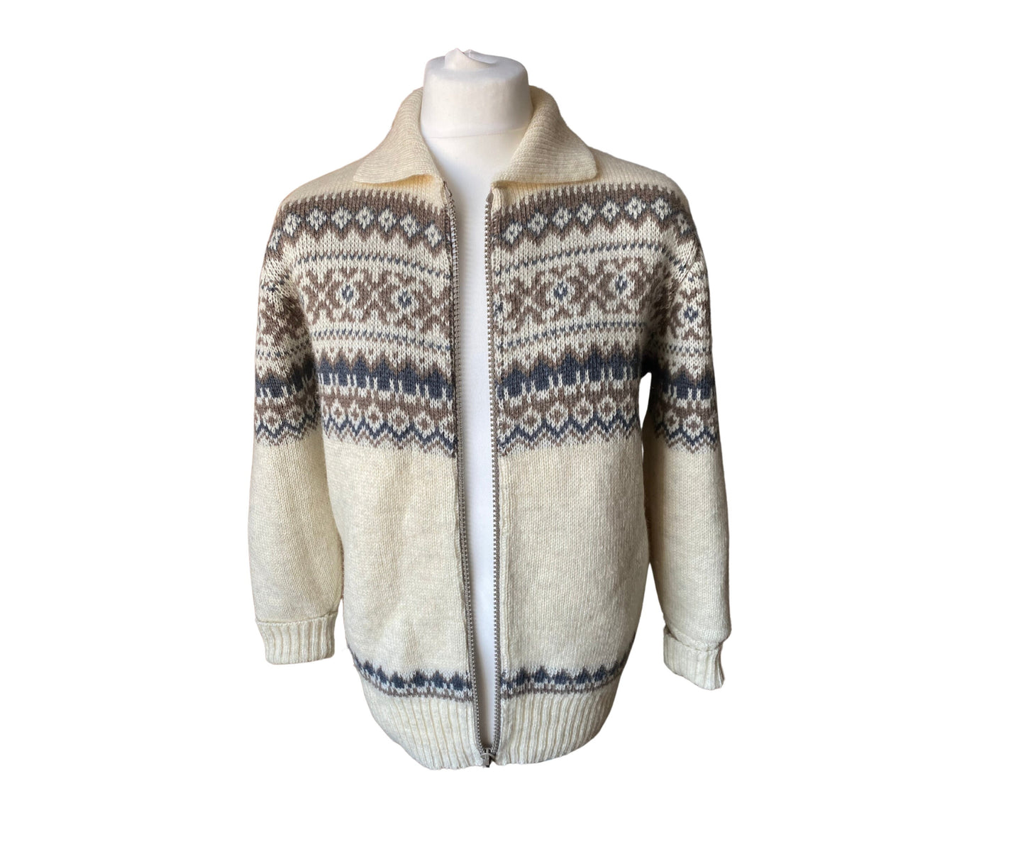 70s style cream and brown zip up collared cardigan. Approx UK size m to L(m) 16-18 (f)