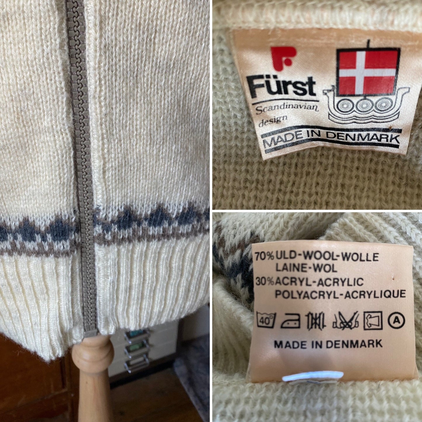 70s style cream and brown zip up collared cardigan. Approx UK size m to L(m) 16-18 (f)