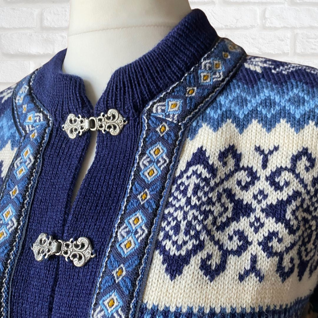 A close up of a Norwegian wool cardigan