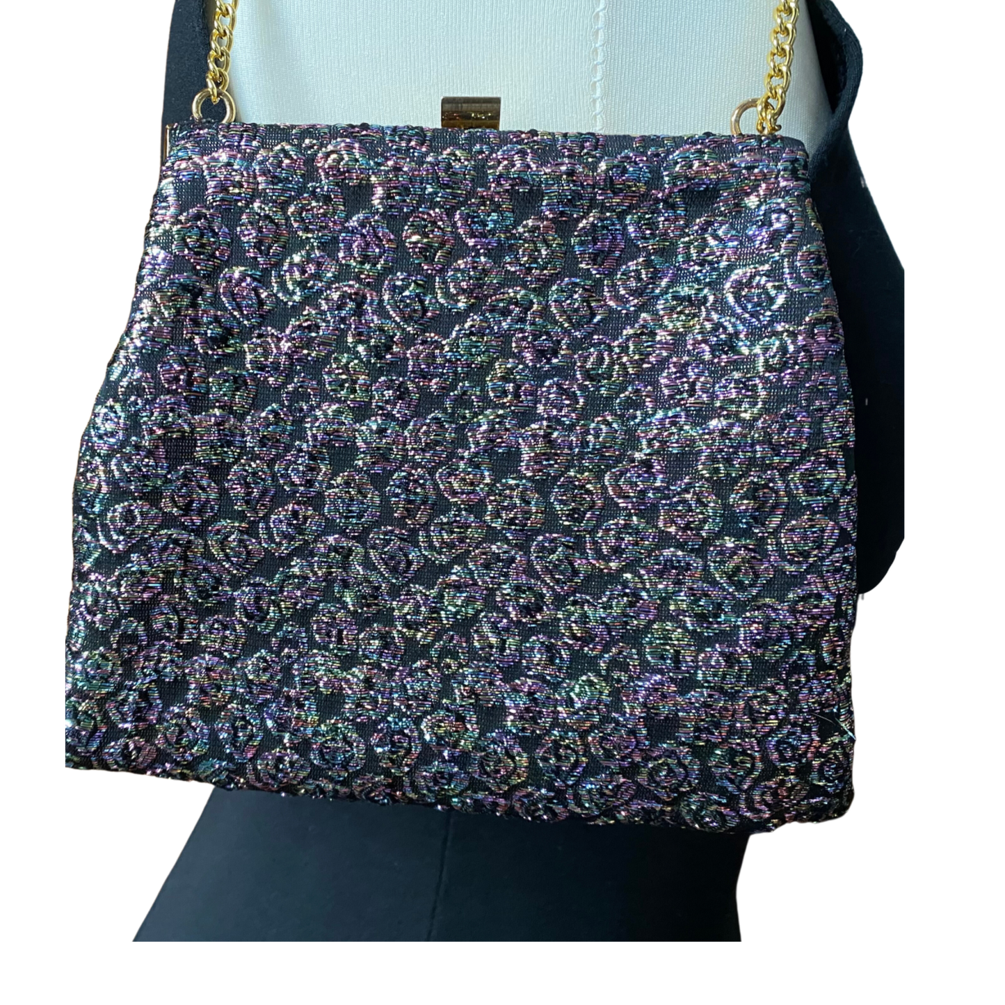 Vintage sparkly rainbow floral fabric evening bag with gold clip frame. Perfect Christmas accessory. Gift idea