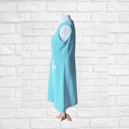 60s Aqua Blue & White Mod Style Sleeveless Vintage Scooter Dress. Approx UK Size 16-18