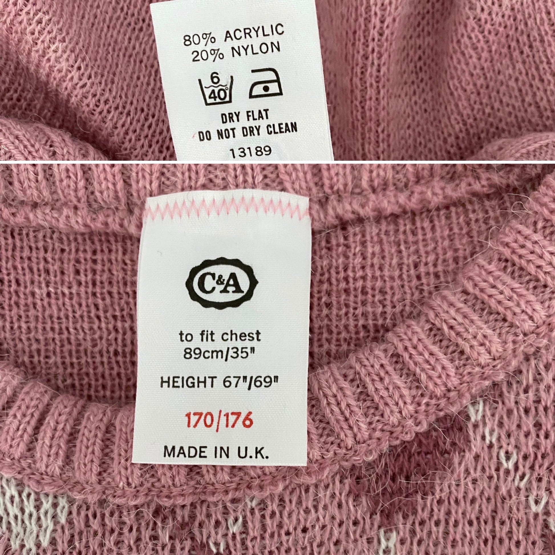 Label close up of pink diamond patterned 90s pullover 