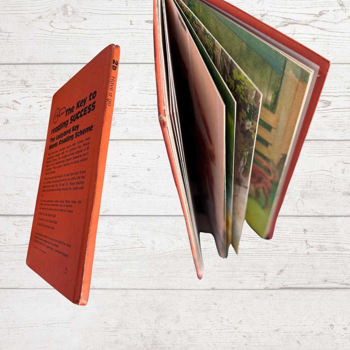 Open book with colorful pages on a white wooden surface