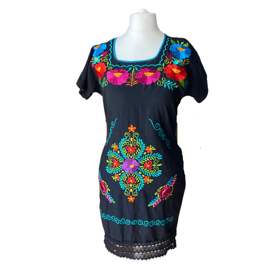Vintage black and bright floral embroidered dress/ tunic. Approx UK size 6-8