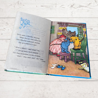 An open children's book laid flat on a light wood surface, showing printed text on the left page and a colorful illustration on the right page with cartoon animals in a room.